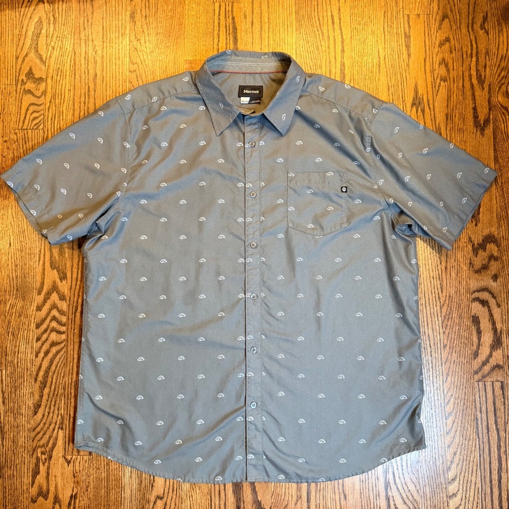 Marmot All Over Tent Print Hiking Shirt Short Sleeve Gray XXL Mens Lightweight